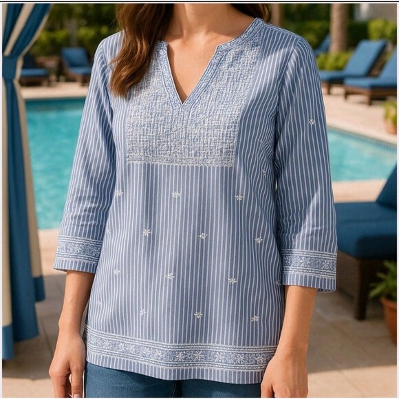 Gretchen Scott The Brooks Tunic Preppy Coastal Resortwear Blue Embroidered LARGE - Picture 1 of 11